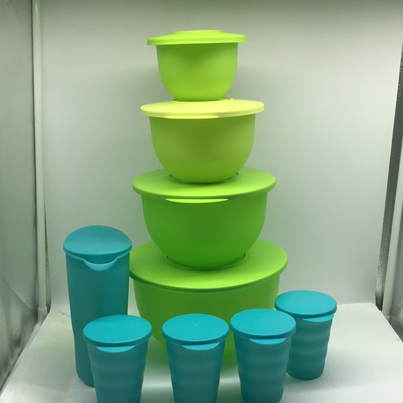 Tupperware Impressions Classic  Bowl  (4) & Jug (4) Tumbler Green & Blue Color - Picture 2 of 16